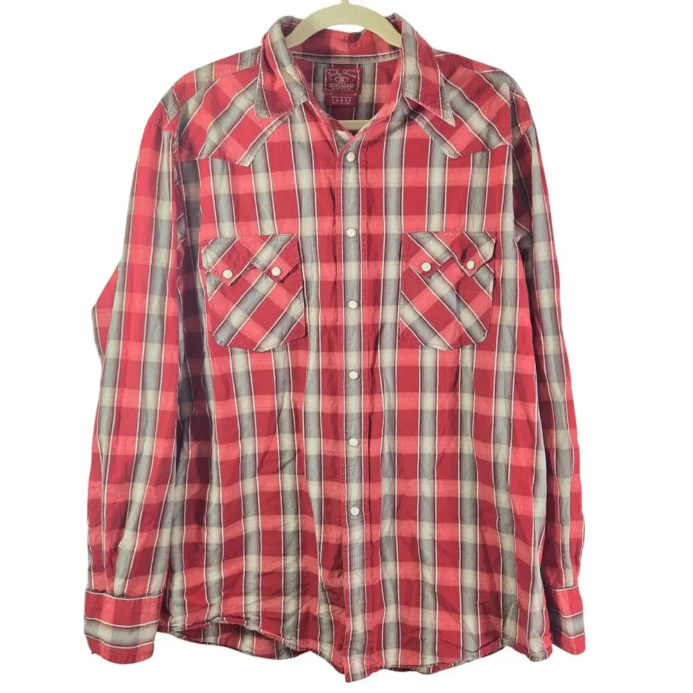Lucky Brand Red Plaid western pearl snap cowboy long‎ sleeve button up